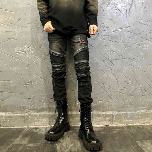 

men's jeans fashion streetwear men slim fit black elastic cotton ripped denim punk trousers spliced designer hip hop biker pants h, Blue
