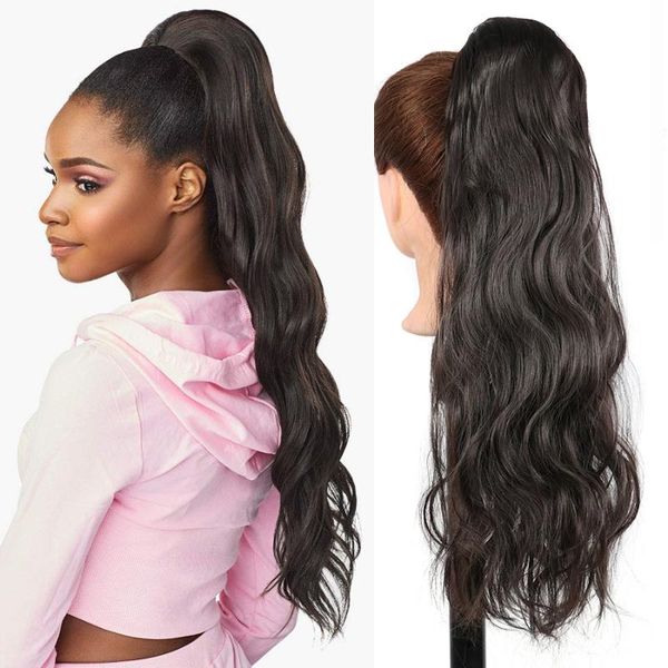 

synthetic wigs 24 '' long water wave ponytail body wrapping wavy clip in hairpieces for women and girls, Black