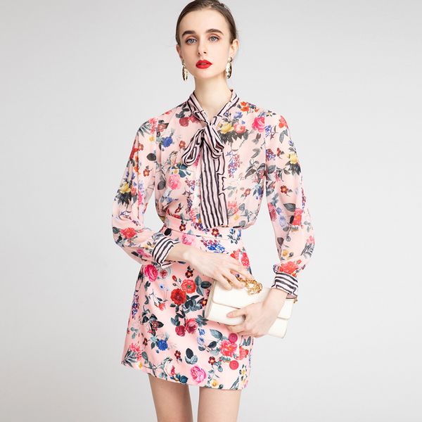 

women's runway designer two piece dress lace up collar long sleeves floral printed shirt with a line short skirt twinsets sets, White
