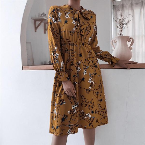 

casual dresses spring autumn women's dress long sleeve bow flare sleeves slim midi elegant vintage floral maxi boho sundresses, Black;gray