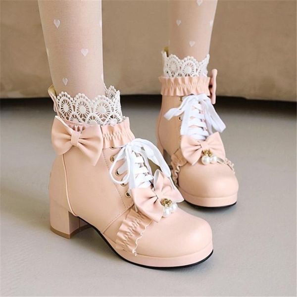 

boots pxelena korean sweet princess student cosplay lolita ankle women lace ruffles pearls bow knot med heels shoes white pink, Black