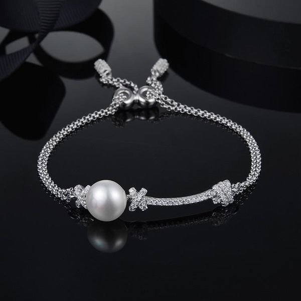 

fashion womens accessories knot luxury cubic zirconia cz stone pearl bracelet for bridal wedding jewelry zk40 link, chain, Black