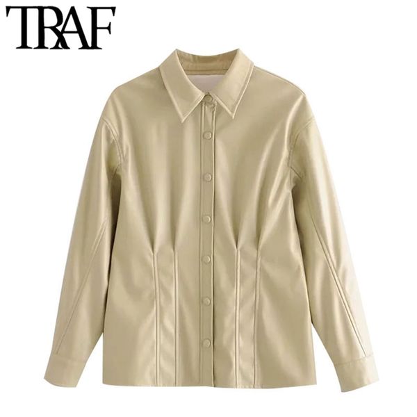 

women fashion faux leather pleated bloues vintage long sleeve snap-button female shirts blusas chic 210507, White