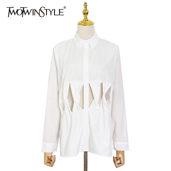 

hollow out loose shirt for women lapel long sleeve casual white solid blouse female fashion clothing 210524