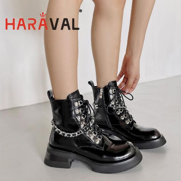 

boots haraval women ankle shoes round toe thick heels patent leather black motorcycle cross-tied solid e441l