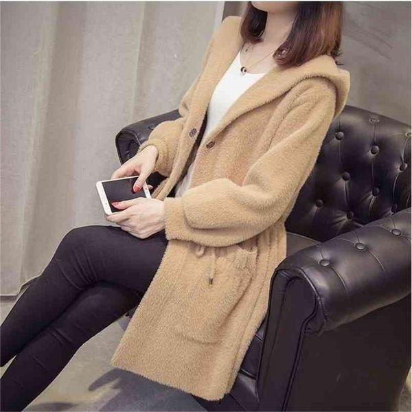 

women solid mink fur coat hooded winter warm female casual jacket long style full sleeve pockets button knitted 210427, Black