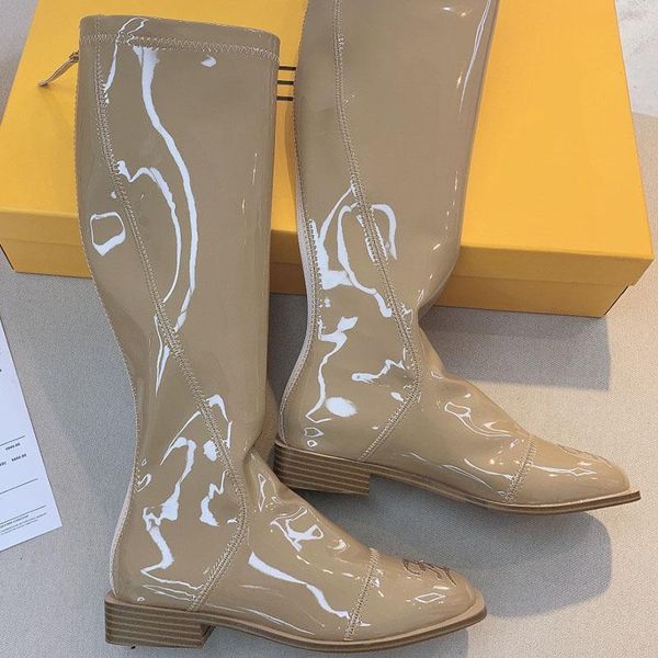 

boots luxury designer brand winter over the knee women long sheepskin patent leather zipper fashion street, Black