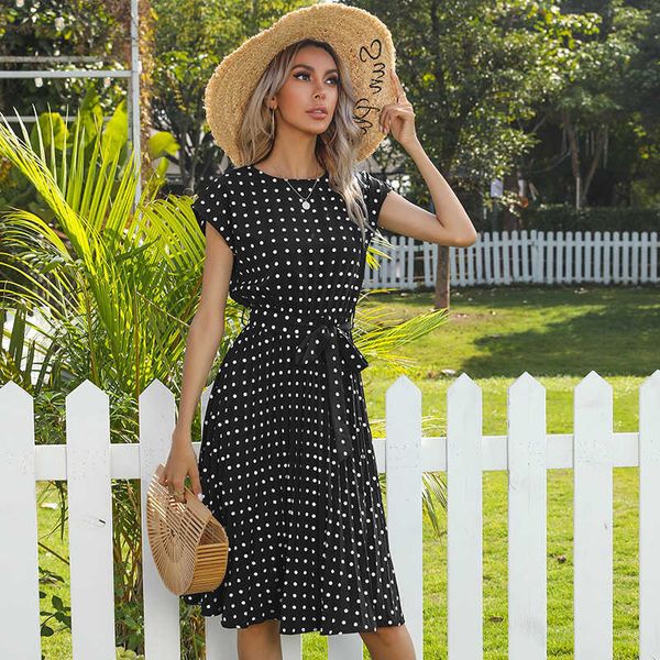 

polka dot summer beach dress women midi long short sleeve o neck sashes pleated dress ladies fashion daily elegant vestido 210625, Black;gray