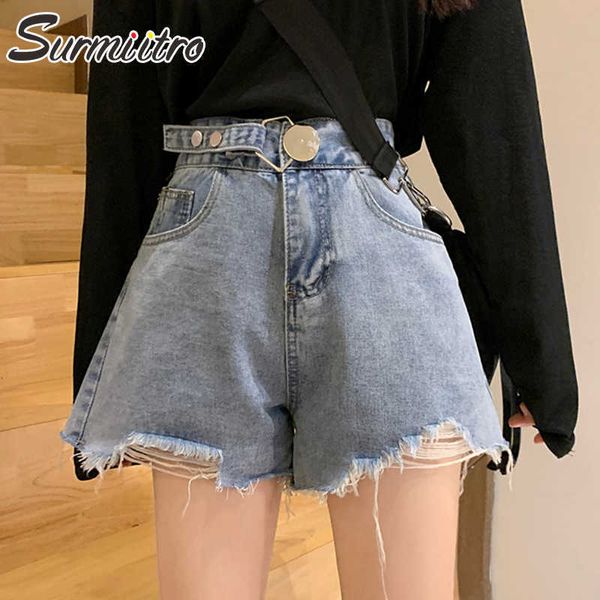 

surmiitro summer fashion blue denim shorts women korean style ripped tsssel high waist female wide leg short pants jeans 210712, White;black
