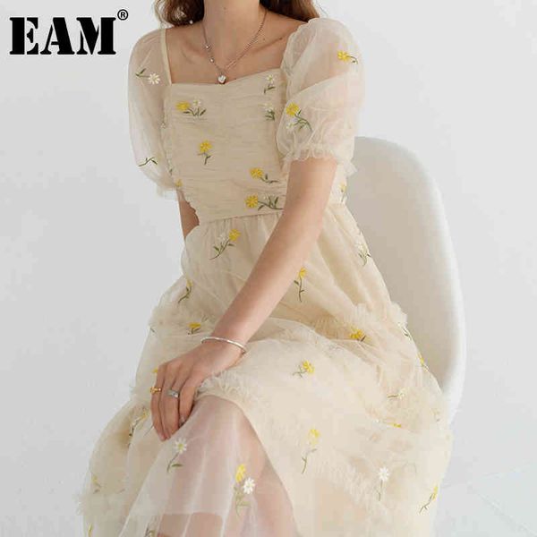 

[eam] women yellow embroidery mesh pleated dress square neck short sleeve loose fit fashion spring summer 1dd7997 210512, Black;gray