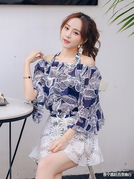 

swimsuit korean version ins conservative swimsuit women's small fresh split skirt type steel bracket gathered bikini three piece swimmi, White;black