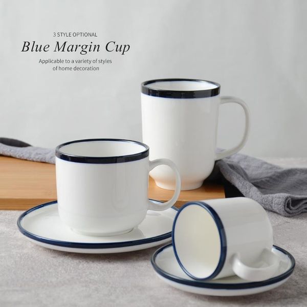 

cups & saucers nordic simple coffee mug porcelain blue rim cup saucer white home milk mugs kubek do kawy retro utensil ac50bd