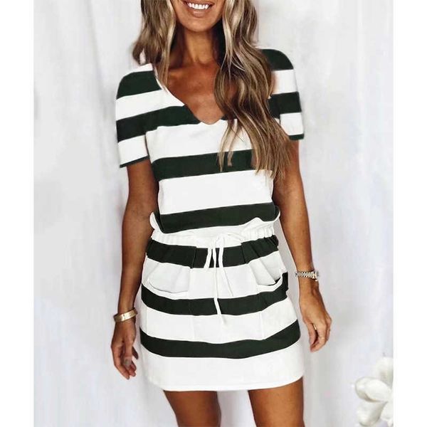 

women's summer short skirt striped v-neck drawstring short sleeve drs, Black