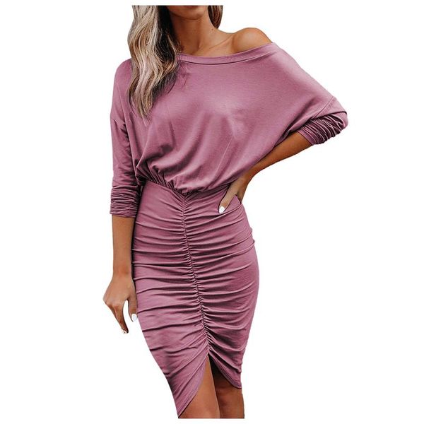 

casual dresses evening women solid color o-neck ruffles long sleeve dress high elastic waist bodycon midi vestido ocasional, Black;gray