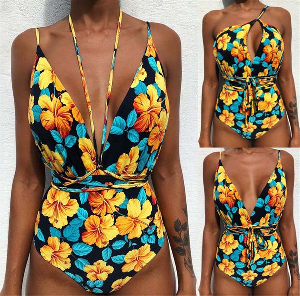 

2021 one piece swimsuit female deep v brazilian bikini women swimwear tie up bathing suit monokini multiple wearing way bodysuit