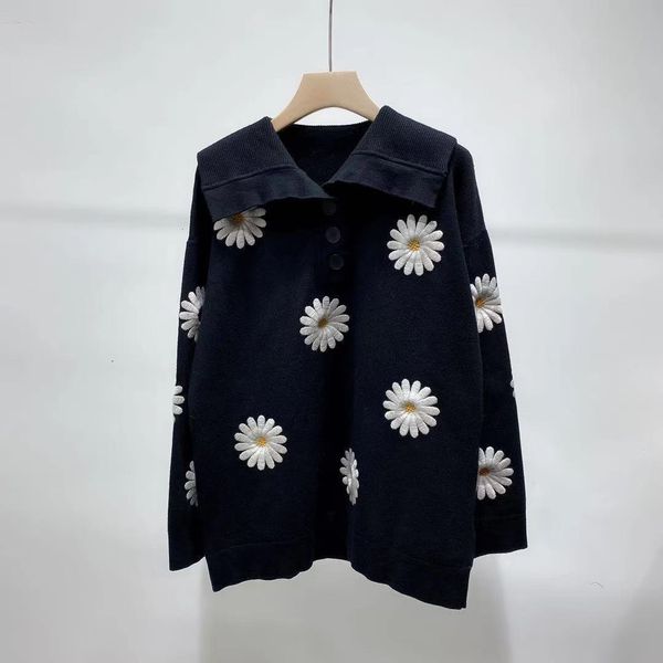 

women's sweaters female sailor turtleneck daisy jumpers embroidered black wide sleeve long ladies sweater fresh mesh autumn jf30, White;black