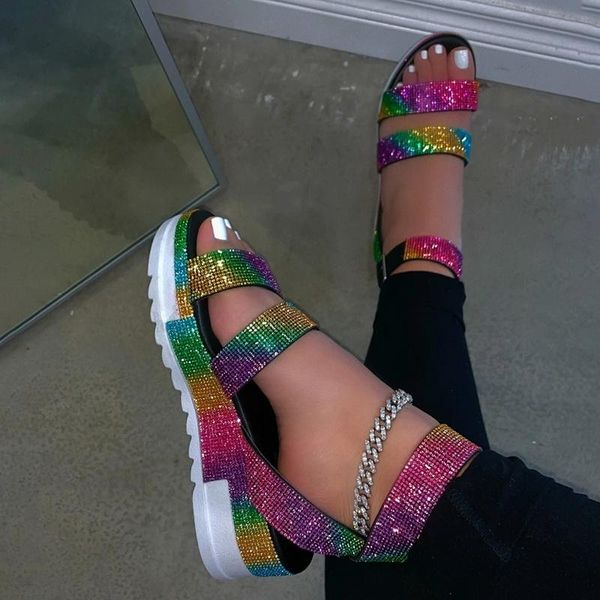 

sandals 2021 summer fashion rhinestone women's shoes open toe low heel outdoor plus size 43, Black