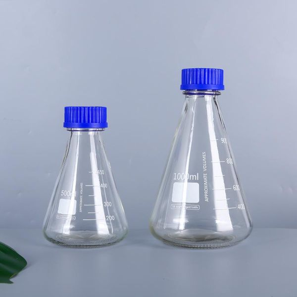 

lab supplies screw mouth triangular flask glass conical blue cap 500 / 1000ml
