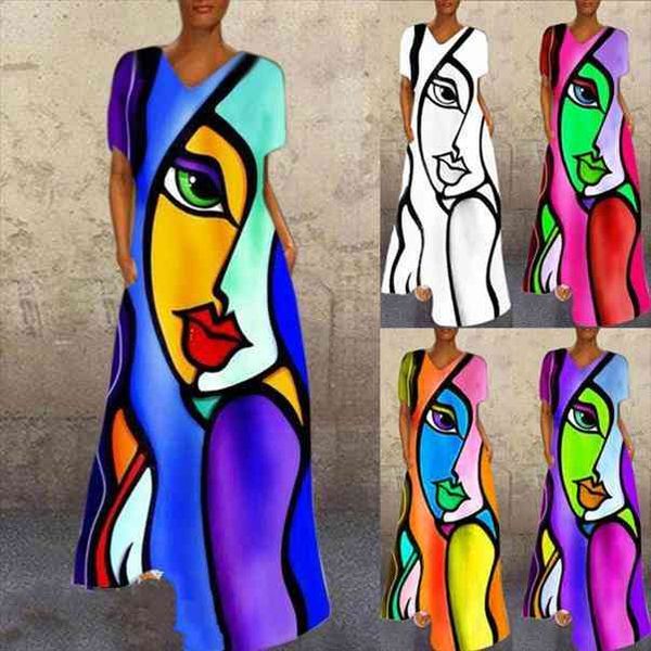 

abstract girl graphic print dress women vintage cartoon v-neck long party dresses casual short sleeve pocket a-line maxi dresses, Black;gray