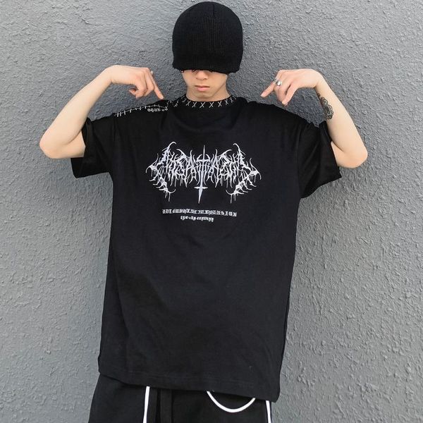 

men's t-shirts hip hop t-shirt men dark embroidery oversize tshirts summer 2021 streetwear cotton harajuku short sleeve shirts, White;black