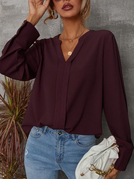 

solid notched buttoned cuff blouse f2rx#, White