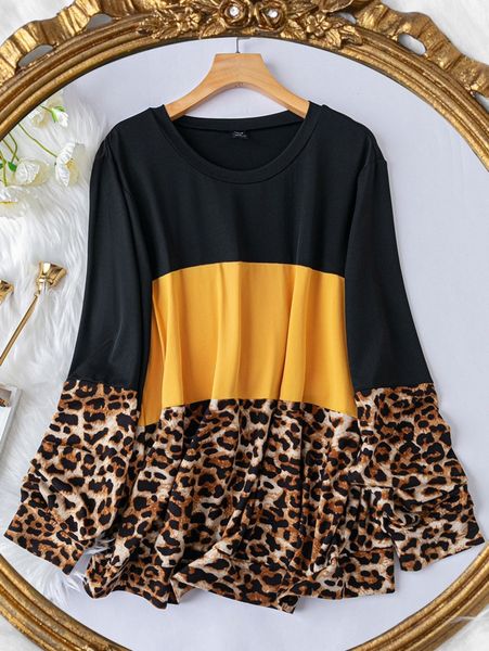 

plus colorblock & leopard print sweatshirt a7zx#, Black