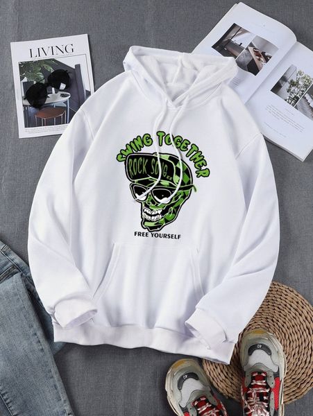 

men slogan & skull print drop shoulder drawstring hoodie f0q0#, Black