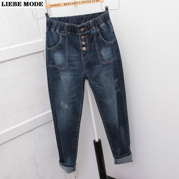 

women's jeans elastic waist stretch mom plus size for women loose oversize harem pants button jean boyfriend femme 4xl 5xl, Blue