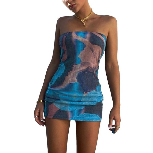 

casual dresses 2021 women's bodycon mini dress girls fashion sleeveless strapless abstract print tube s//l blue color, Black;gray