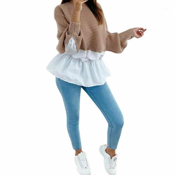 

women's sweaters fashion patchwork casual clothing female solid o-neck long sleeved knitted sweater women soft pullovers, White;black