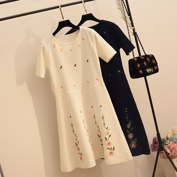 

dress fresh sweet women's knitted summer flower embroidery sweater short sleeve o-neck a- line vestidos, Black;gray