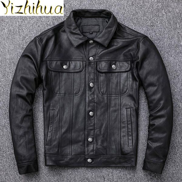 

men's leather & faux azazel genuine jacket men spring autumn 200% goatskin coat short motorcycle jackets cuero genuino, Black