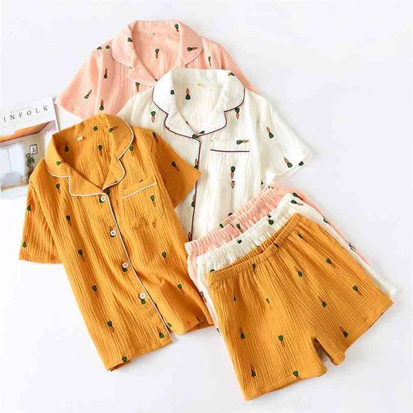 

ladies pajamas suit summer comfortable cotton gauze lapel pajamas suit women thin loose cartoon carrot printing home service 210924, Black;red