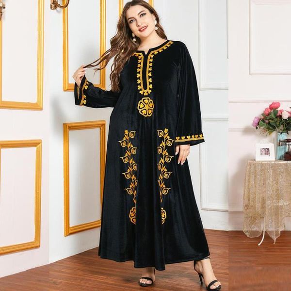 

women black velvet muslim dress gold thread embroidery full sleeve long abya 2021 autumn winter plus size maxi casual dresses, Black;gray