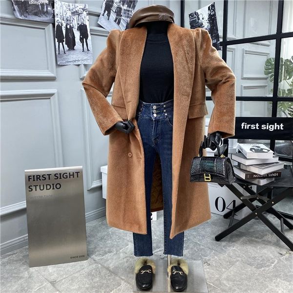 

women's wool & blends 2021 fashion casual clothing double breasted long coat, autumn and winter loose plush coat, Black