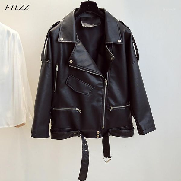

spring autumn faux leather jacket women bf style motorcycle biker coat lapel leatherjackets loose street outwear with belt women's &, Black