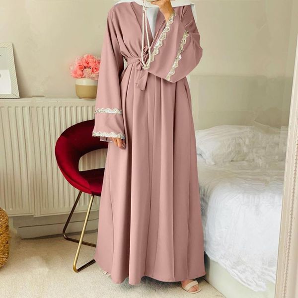 

ethnic clothing simple muslim dress lace embroidery elegant pure color long abayas women modest wear eid robes, Red