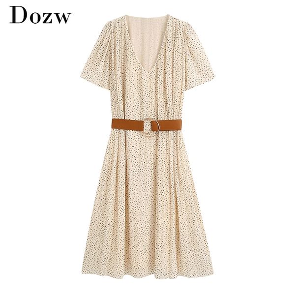 V Neck Impresso elegante vestido mulher manga curta casual plissado com correia damasco cor feminina praia midi es 210515