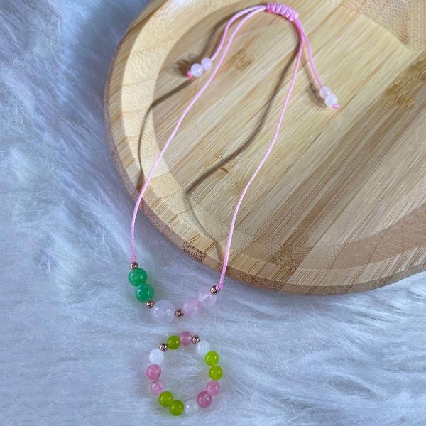 

earrings & necklace sweet girl rings set handmade pink green agate beads jewelry women fashion natural stones aesthetic accessories gift, Silver