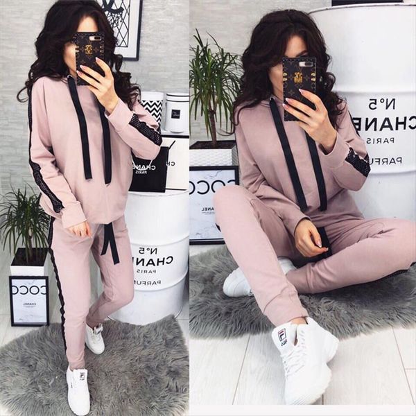 

tracksuit two piece set autumn womens pants clothes mesh striped patchwork sweatshirt and sport jogger suit female casual outfits, White