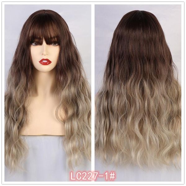 

lana wavy hair cosplay long wigs with bangs for women ladies heat resistant ombre dark brown blonde silver synthetic wigs1, Black