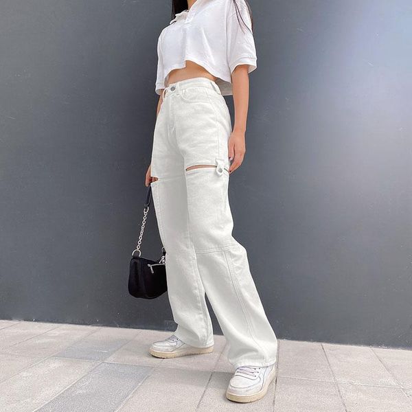 

women's jeans 2021 high waist pants hollow out solid color with pockets trousers for female, Blue