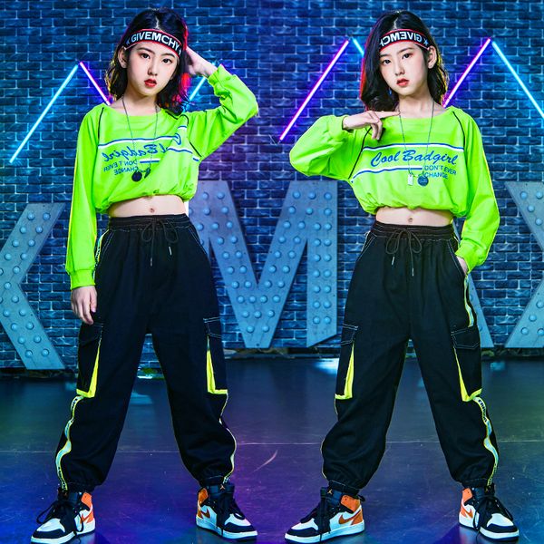 

hip-hop childrens clothes trendy girls suit hiphop costume kids jazz dance spring autumn short sweatshirt cargo pants loose set, White