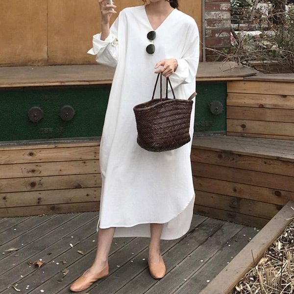 

casual dresses s-5xl women cotton dress v neck long sleeve party 2021 vonda loose beach sundress plus size bohemian vestido, Black;gray