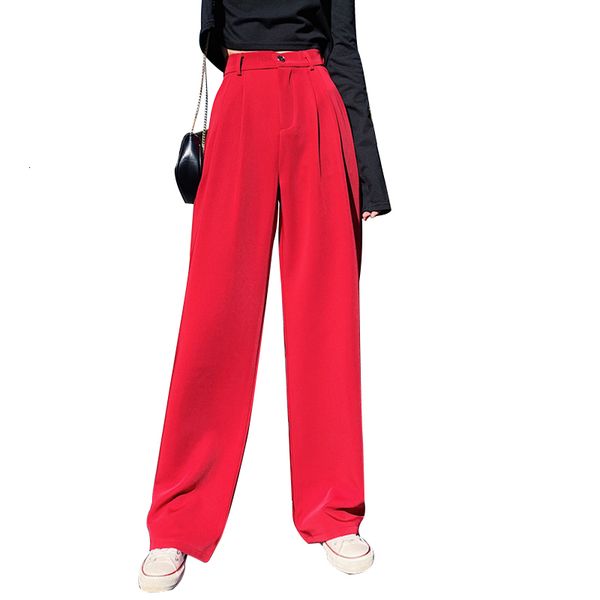 

capris xs-3xl suits women black summer high wide leg loose pants full length half elastic waist straight trouser plus size, Black;white