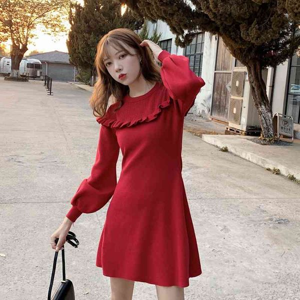 

dress autumn winter dress korean long sweater frilly female bing line as mujer, Black;gray