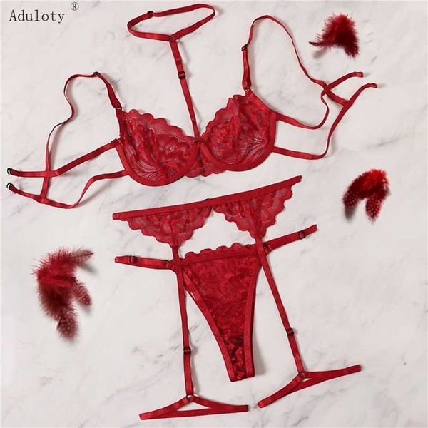 Aduloty Set di biancheria intima con giarrettiera in pizzo floreale rosso con girocollo Intimo da donna con ferretto e perizoma Set di biancheria intima da donna 211104