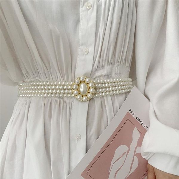 

belts women's runway fashion pearl knitted elastic cummerbunds female dress corsets waistband decoration wide belt r703, Black;brown
