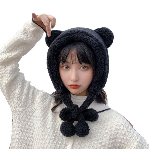 

cycling caps & masks cute 2 in1 winter plush bear ear hat women warm beanies windproof outdoor casual earflap scarves, Black