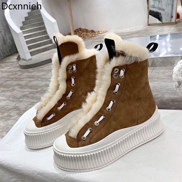 

boots winter thick sole wool ankle women lace up round toe fur woman genuine leather snow 2021, Black